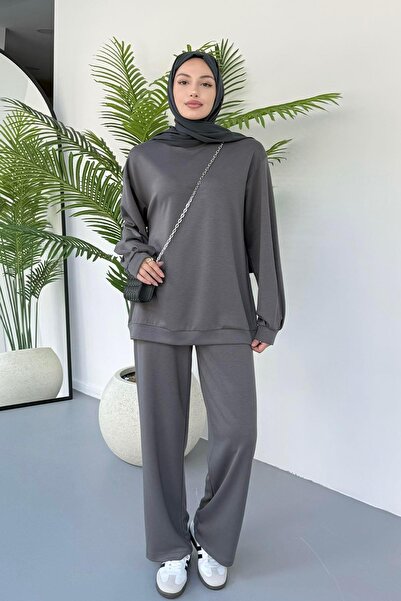 Modaensarbutik Bisiklet Yaka Oysho Tesettür Takım-ANTRASİT