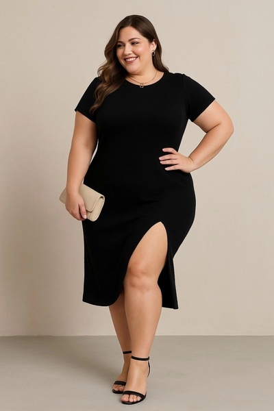 MetuCA Women's Plus Size Short Sleeve Side Slit Crew Neck Viscose Dress