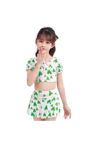 Mixbo Costum de Baie, Doua Piese Mixbo, Fusta-Pantalon si Tricou, Green Hearts, 9-10 ani