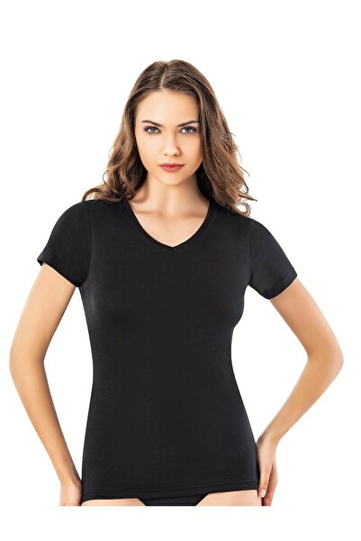 Queenchic Women's Short Sleeve V-Neck Modal Design Plain Design Undershirt Black - Black - Bynvakos-6G61U6-Si
