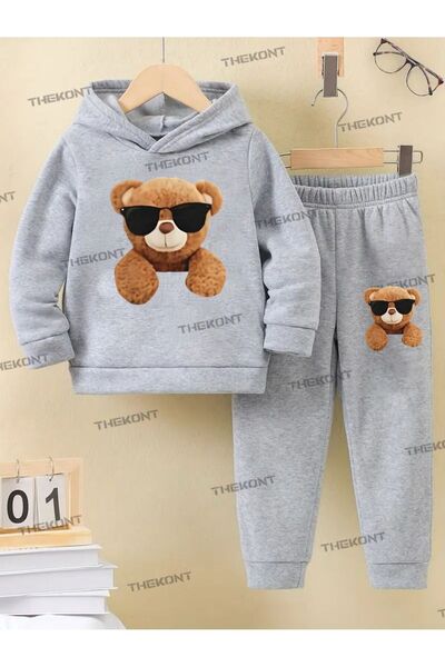 THEKONT Glasses Bear Printed Thick Cotton Hooded Children's Tracksuit Set