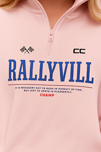 The Champ Clothing Φούτερ Unisex oversized με μισό φερμουάρ RallyVill Text με τύπωμα Ροζ- 3 Thread Sh επένδυση fleece Fleece