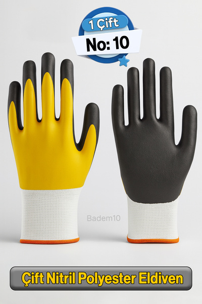 Badem10 Double Nitrile (Yellow-Black) No: 10 Size XL Polyester Double Nitrile Work Safety Construction Gloves