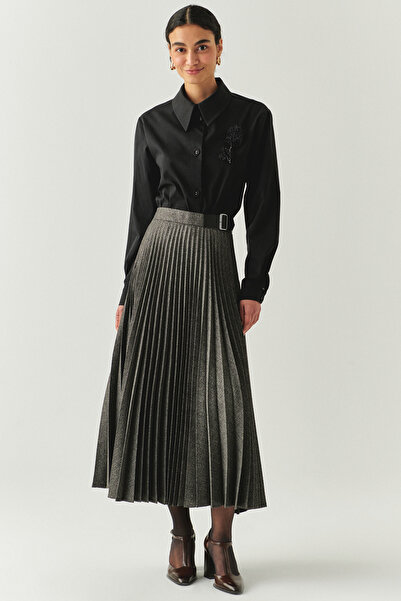 Exquise Herringbone Patterned Pleated High Waist Buckle Regular Midi Skirt