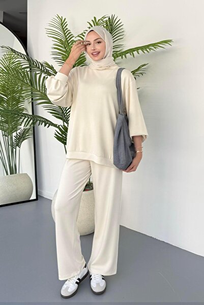 Modaensarbutik Bisiklet Yaka Oysho Tesettür Takım-EKRU