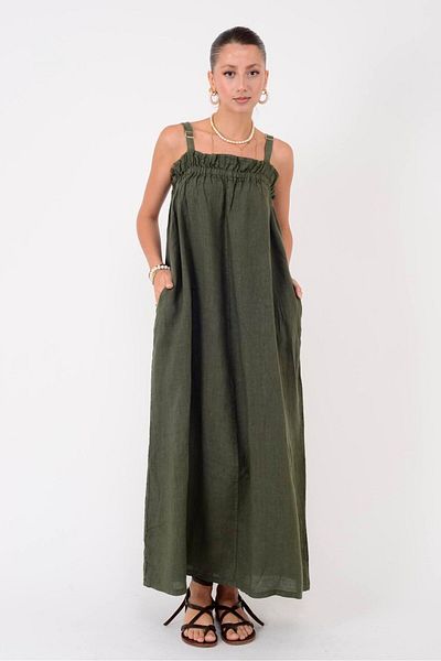 Park Moda E2108 Firfir Detailed Linen Dress with Adjustable Straps