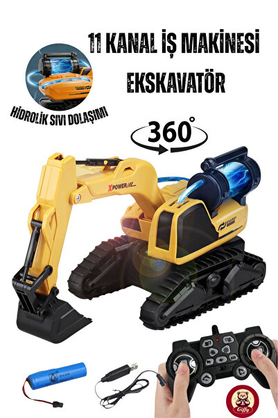 giffy Oyuncak Uzaktan Kumandalı Ekskavatör İş Makinesi Hidrolik SIVI Dolaşımlı 11 Kanal Şarjlı 360 Derece