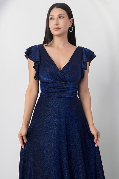 PULLIMM Sleeve Flounce Glitter Evening Dress 39925