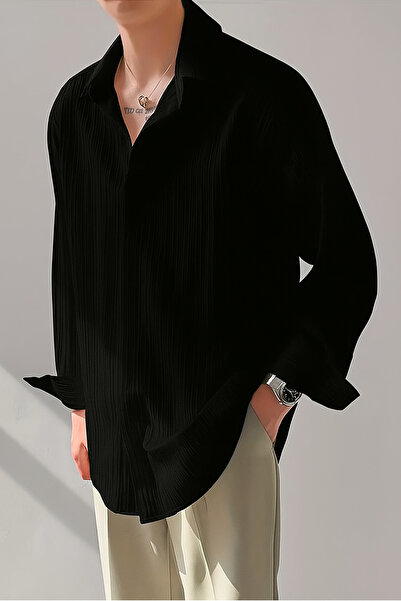 COOL TARZ Erkek Siyah Bürümcük Slim Fit Gömlek Yaka Uzun Kollu Gömlek