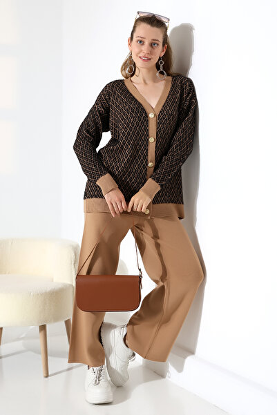 ALCHON V-Neck Long Sleeve Jacquard Panel Button Soft Textured Cardigan Straight Pipe Leg Pants Double Knitwear Suit