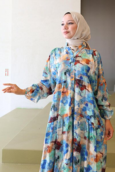 hafsamina Μοντάλ φόρεμα με μοτίβο μαρμάρου μπλε HM2796