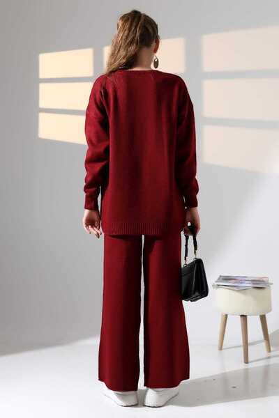 ALCHON Round Neck Long Sleeve Plain Basic Sweater Elastic Waist Pipe Leg Pants Double Knitwear Set