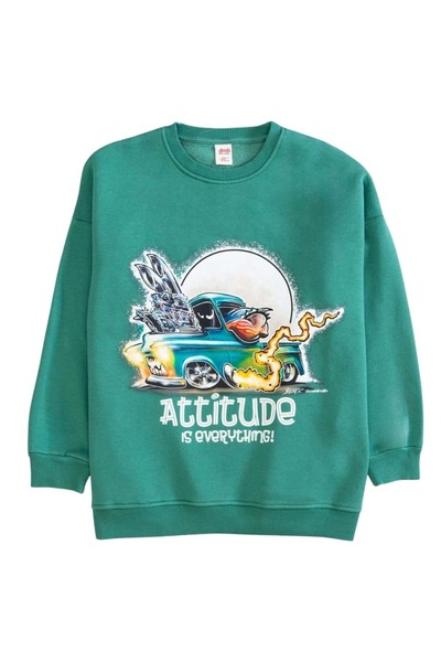 ww waka waka kids store Crew Neck Front Printed Oversize Sweatshirt - Green - 12-13 Years