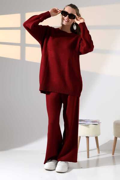 ALCHON Round Neck Long Sleeve Plain Basic Sweater Elastic Waist Pipe Leg Pants Double Knitwear Set