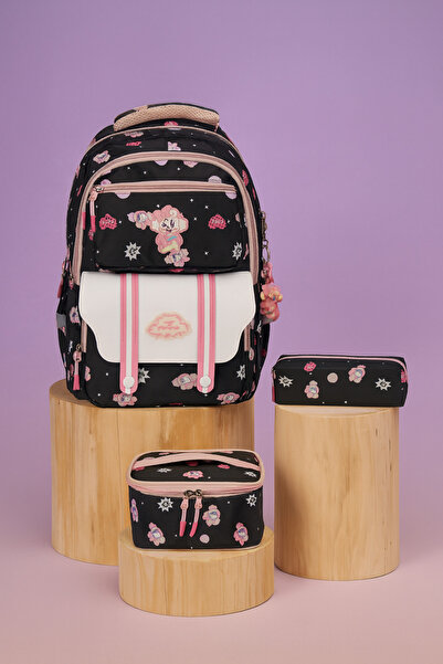 FATELLA Girl's Korean Style Black Patterned Primary School Bag Set Set of 3 L...