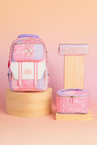 FATELLA Girl's Korean Style Pink Patterned Primary School Bag Set Set of 3 Lu...