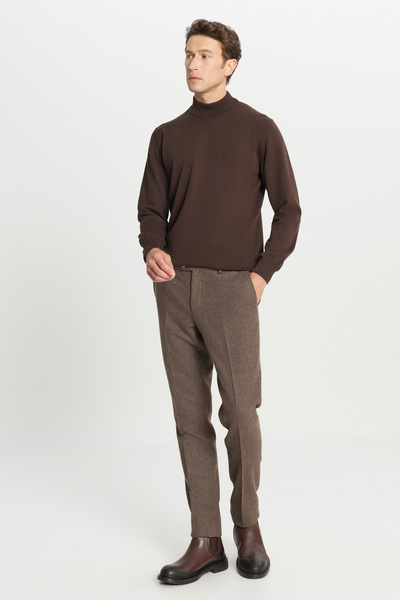 ALTINYILDIZ CLASSICS Men's Brown Cotton Standard Fit Regular Cut Half Turtleneck Sweater