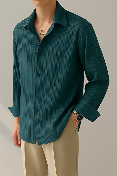 COOL TARZ Erkek Petrol Bürümcük Slim Fit Gömlek Yaka Uzun Kollu Gömlek