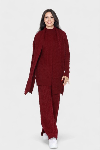 NEWCO Loose Cut Scarf Detail Pants and Long Sleeve Knitwear Set with Stylish and Comfortable Design