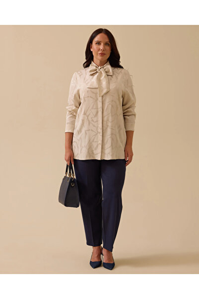 Gala-Xi Büyük Beden Fular Yakalı Desenli Jakar Gömlek