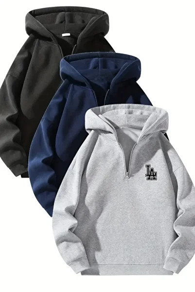 Sweetline Unisex Zippered Hooded Oversize La Printed Sweatshirt – Black / Navy Blue / Gray