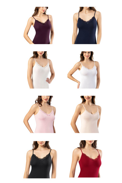 Sereia Women's Rope Strap Lace Collar Bow Detailed Cotton Tank Top Burgundy 6-Piece - Burgundy - Sreiakow-6O03G7-Bo