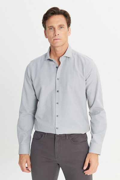 ALTINYILDIZ CLASSICS Men's Gray Slim Fit Narrow Cut Classic Collar Cotton Dobby Shirt