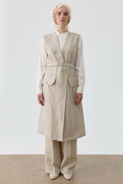 Tuğba Yaka Detaylı Keten Yelek - Bej