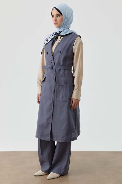 Tuğba Yaka Detaylı Keten Yelek - İndigo