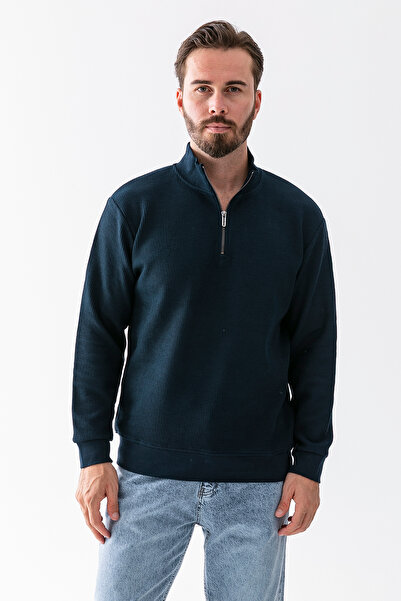 JB John Borners سويت شيرت رجالي أساسي بياقة واقفة وسحاب نصفي أزرق داكن - 5716