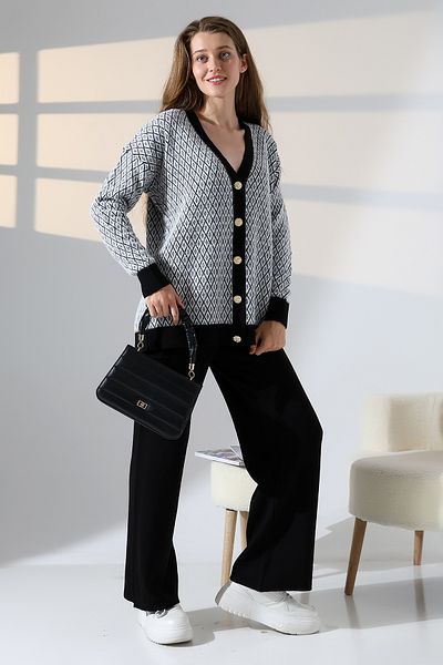 ALCHON V-Neck Long Sleeve Jacquard Panel Button Soft Textured Cardigan Straight Pipe Leg Pants Double Knitwear Suit