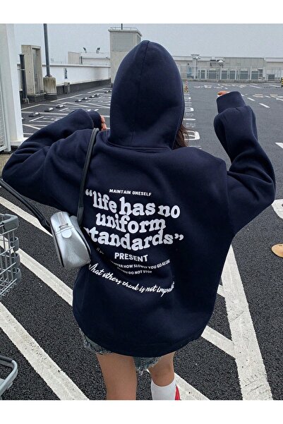 Harajuku Style Γυναικείο φούτερ με κουκούλα σε μπλε ναυτικό χρώμα, oversize, ...