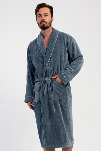 VİENETTA Cotton Men's Towel Velvet Collar Long Sleeve Long Bathrobe, 161872