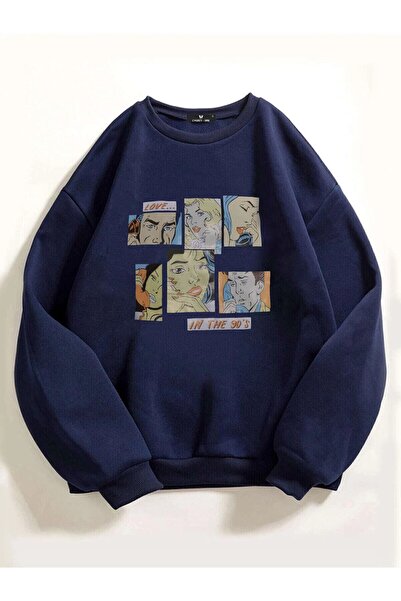 Harajuku Style Pantaloni oversize pentru femei, albastru marin, cu imprimeu d...