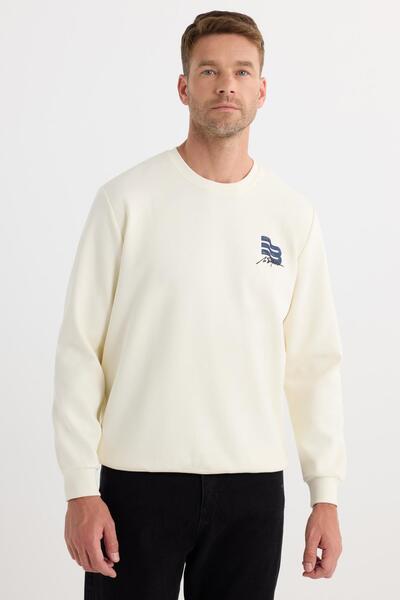 Tudors Unisex Relax Fit Rahat Kesim Pamuklu Yumuşak Dokulu Bisklet Yaka İç Polarlı Baskılı Ekru Sweatshirt