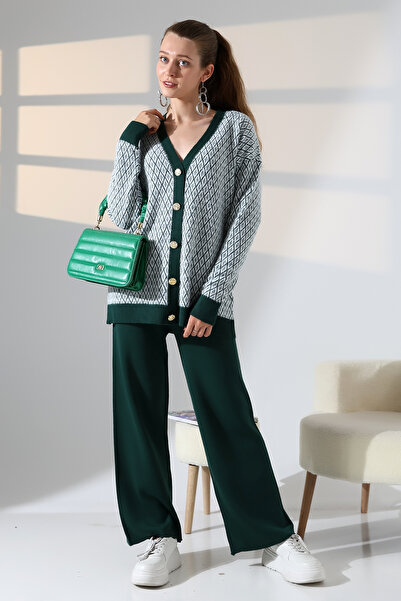 ALCHON V-Neck Long Sleeve Jacquard Panel Button Soft Textured Cardigan Straight Pipe Leg Pants Double Knitwear Suit