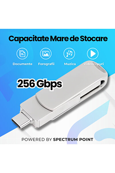 SpectrumPoint Memorie USB pentru Telefoane, Tablete si Calculatoare,Capacitate 256 GB, USB 3.1,USB Type-C,Argintiu
