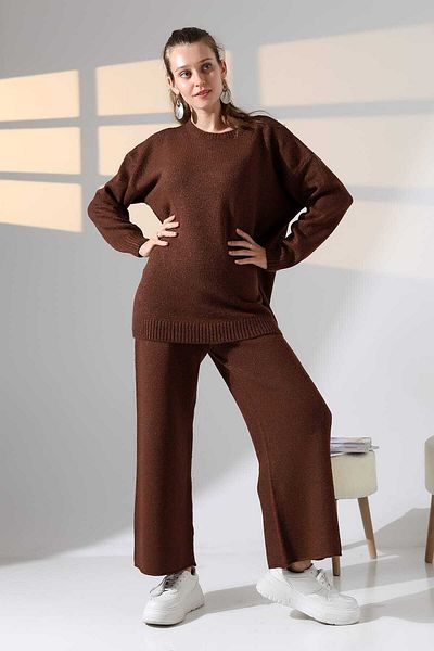 ALCHON Round Neck Long Sleeve Plain Basic Sweater Elastic Waist Pipe Leg Pants Double Knitwear Set