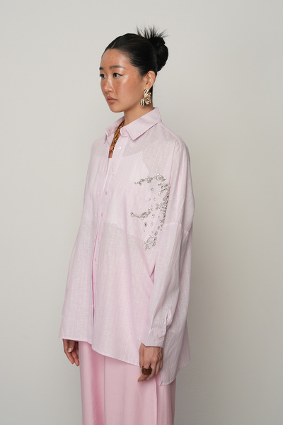 Orfeo Negro Women's Single Pocket Stone Embroidered Pink Color Oversize Shirt
