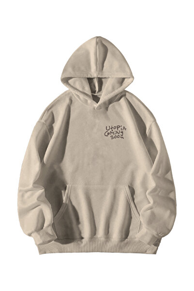 Harajuku Style Kadın Erkek Krem Travis Utopia Baskılı Oversize Kapşonlu Kanguru Cepli