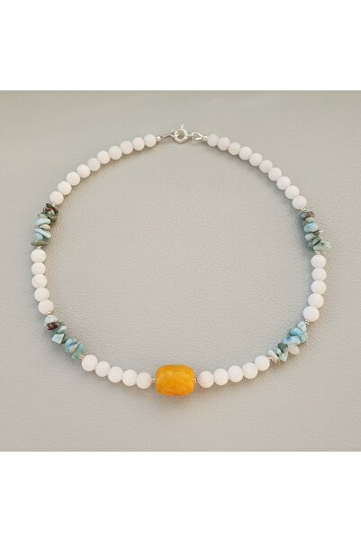 Abundo Colier din pietre de jad alb mat, jad galben si larimar cu accesorii din argint 925, 39 cm