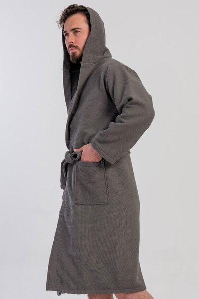 VİENETTA Men's Towel Waffle Hooded Long Sleeve Long Bathrobe, 161868