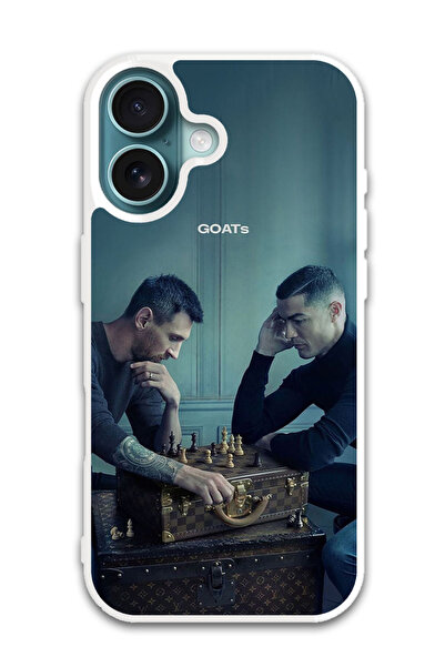 Theodor غطاء حماية لهاتف أبل آيفون 16، شطرنج ميسي ورونالدو (مصد أبيض)