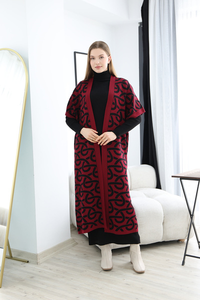 ALCHON Turtleneck Long Sleeve Ribbed Stripe Patterned Dress Jacquard Paneled Ankle Length Vest Double Knitwear Set