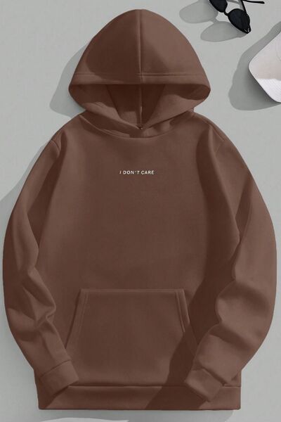 Harajuku Style سويت شيرت بقلنسوة مطبوع عليه I Don't Care باللون البني للجنسين