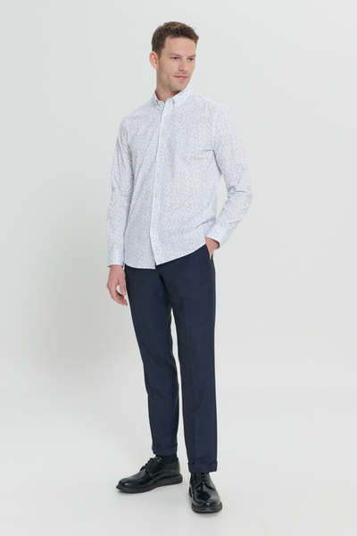 ALTINYILDIZ CLASSICS Men's White-Navy Slim Fit Slim Fit Classic Collar Cotton Dobby Shirt