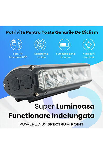 SpectrumPoint Lumina frontala LED bicicleta, luminozitate 1800 lumeni, baterie 4000 mAh, incarcare USB, negru