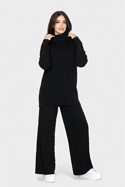 NEWCO Loose Cut Scarf Detail Pants and Long Sleeve Knitwear Set with Stylish and Comfortable Design
