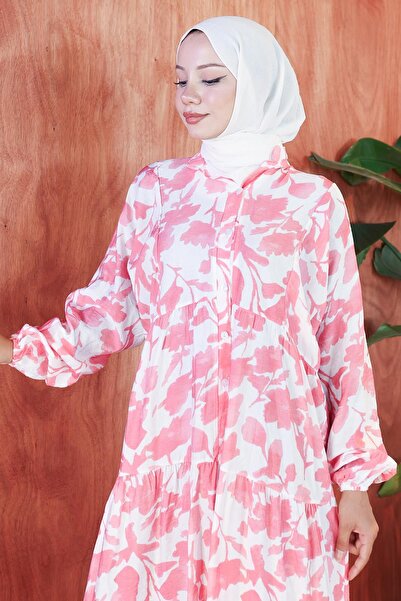 hafsamina Φόρεμα Modal με φλοράλ εμπριμέ ροζ HM2798