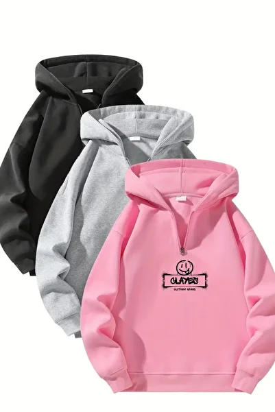Sweetline Unisex Zippered Hooded Oversize Clayes Smile Design Printed Sweatshirt – Black / Gray / Pink